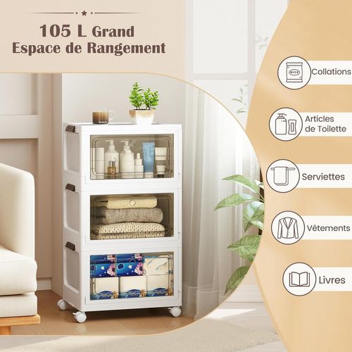 Boîtes Rangement Plastique Avec Roues, Pliables, Poignée Anneaux, Porte Magnétique (105 L)