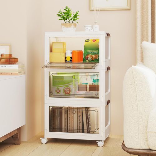 Boîtes Rangement Plastique Avec Roues, Pliables, Poignée Anneaux, Porte Magnétique (105 L)