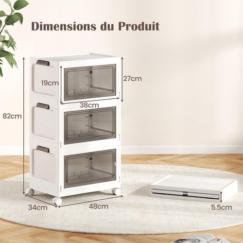 Boîtes Rangement Plastique Avec Roues, Pliables, Poignée Anneaux, Porte Magnétique (105 L)