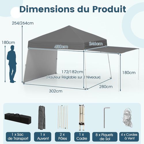 Tonnelle De Jardin Pop-up 430 X 280 Cm, Pliable Avec 8 Piquets 4 Cordes à Vent (gris)