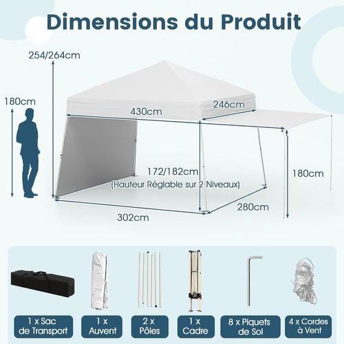 Tonnelle De Jardin Pop-up 430 X 280 Cm, 2 Parois Latérales 8 Piquets 4 Cordes à Vent (blanc)