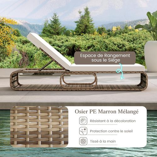 Chaise Longue Rotin Pe 7 Positions Charge 180kg Coussin Rangement 185 × 65 × 86 Cm， Marron