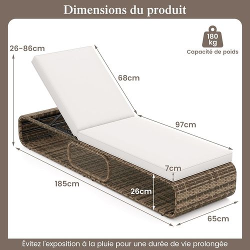 Chaise Longue Rotin Pe 7 Positions Charge 180kg Coussin Rangement 185 × 65 × 86 Cm， Marron
