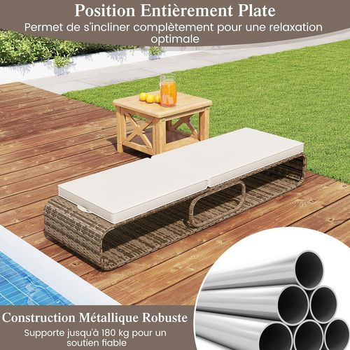 Chaise Longue Rotin Pe 7 Positions Charge 180kg Coussin Rangement 185 × 65 × 86 Cm， Marron