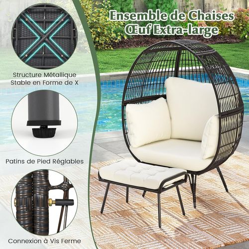 Fauteuil Oeuf Sur Pied Avec Ottoman, Chaise 2 Pièces Avec Coussins Doux Cadre Métallique