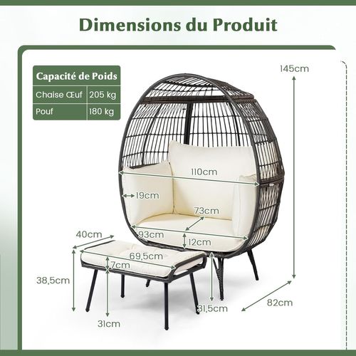 Fauteuil Oeuf Sur Pied Avec Ottoman, Chaise 2 Pièces Avec Coussins Doux Cadre Métallique