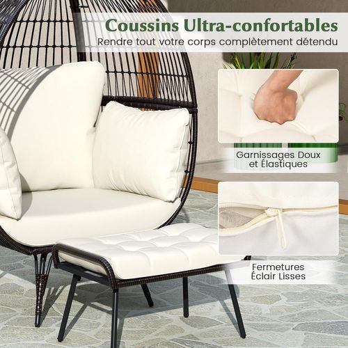 Fauteuil Oeuf Sur Pied Avec Ottoman, Chaise 2 Pièces Avec Coussins Doux Cadre Métallique