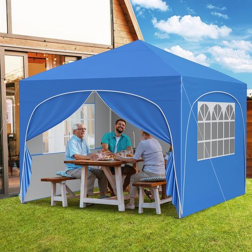 Tonnelle De Jardin 3x3m Avec 4 Parois Latérales Amovibles, 8 Piquets 4 Ancres (bleu)