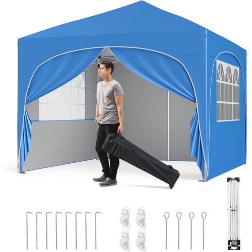 Tonnelle De Jardin 3x3m Avec 4 Parois Latérales Amovibles, 8 Piquets 4 Ancres (bleu)