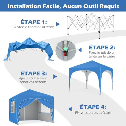 Tonnelle De Jardin 3x3m Avec 4 Parois Latérales Amovibles, 8 Piquets 4 Ancres (bleu)