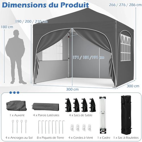 Tonnelle De Jardin 3x3m Avec 4 Parois Latérales Amovibles, Tente De Reception Portable (gris)