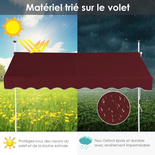 Store Banne Manuel Rétractable De 2,5 X 1,25m, Hauteur Réglable 200-300cm (rouge)