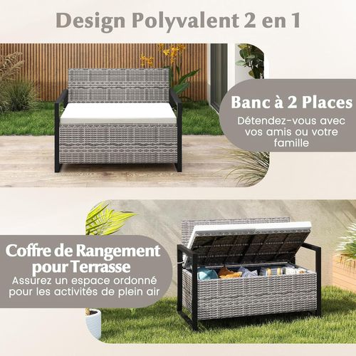2 En 1 Banc Coffre Exterieur En Rotin Pe, Coffre De Rangement 150 L, 117 × 62 × 85 Cm