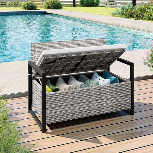 2 En 1 Banc Coffre Exterieur En Rotin Pe, Coffre De Rangement 150 L, 117 × 62 × 85 Cm