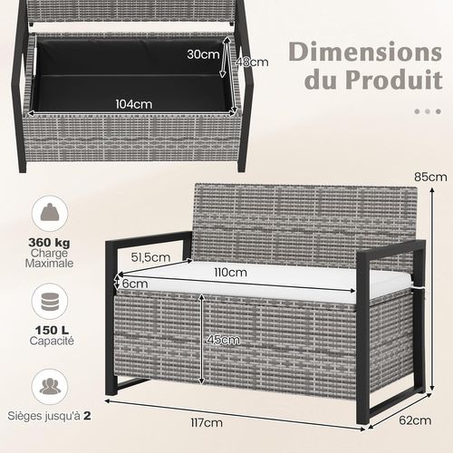 2 En 1 Banc Coffre Exterieur En Rotin Pe, Coffre De Rangement 150 L, 117 × 62 × 85 Cm