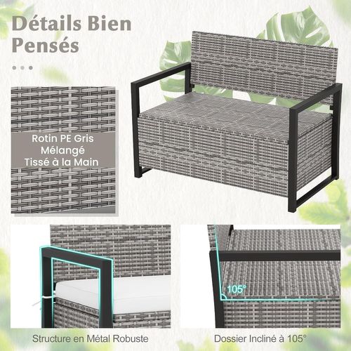 2 En 1 Banc Coffre Exterieur En Rotin Pe, Coffre De Rangement 150 L, 117 × 62 × 85 Cm
