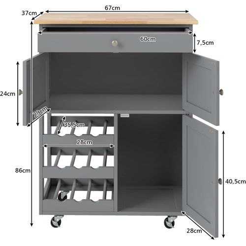 Desserte De Cuisine à Roulettes, Rangement Cuisine Plateau En Bois D'hévéa,37 X 67 X 86 Cm (gris)
