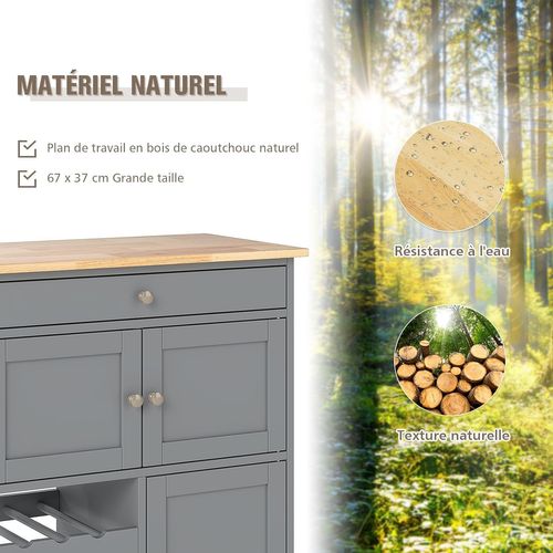 Desserte De Cuisine à Roulettes, Rangement Cuisine Plateau En Bois D'hévéa,37 X 67 X 86 Cm (gris)