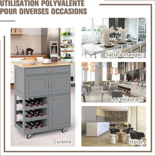 Desserte De Cuisine à Roulettes, Rangement Cuisine Plateau En Bois D'hévéa,37 X 67 X 86 Cm (gris)