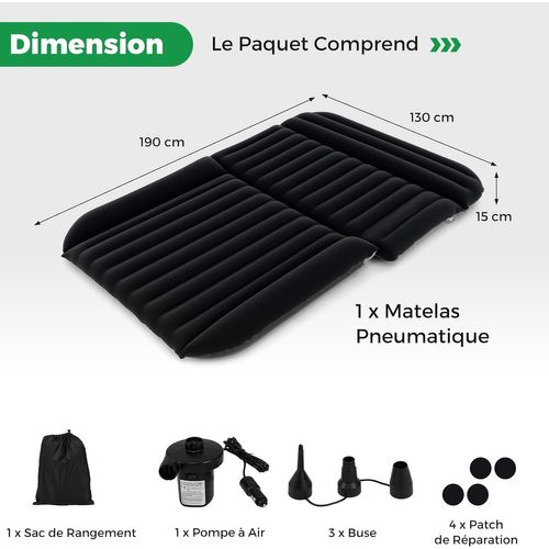 Matelas Gonflable Voiture Avec Pompe à Air et Flocage Double Face Et Sac De Transport (noir)