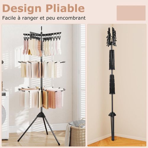 Etendoir Linge Pliable 3 Niveaux, Etendoir Chaussette à Suspendre Avec 24 Pinces et 32 Barres