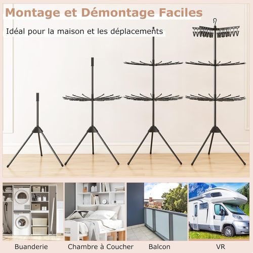 Etendoir Linge Pliable 3 Niveaux, Etendoir Chaussette à Suspendre Avec 24 Pinces et 32 Barres