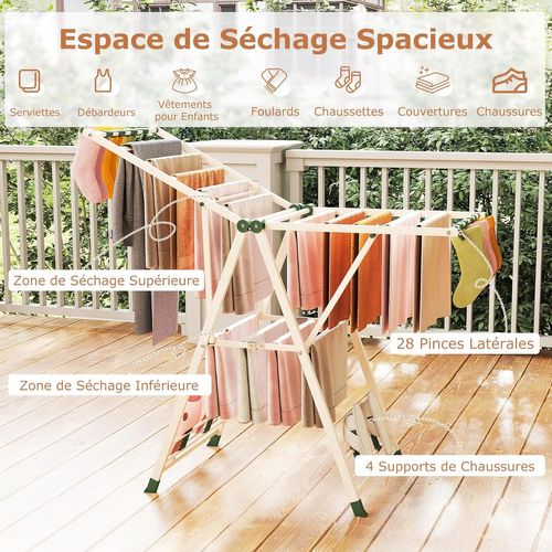 Etendoir Linge Pliable 16 Barres, Cadre En Acier, Hauteur Réglable (beige,141 Cm)