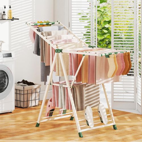 Etendoir Linge Pliable 16 Barres, Cadre En Acier, Hauteur Réglable (beige,141 Cm)