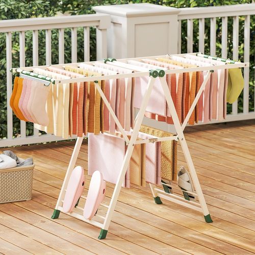 Etendoir Linge Pliable 16 Barres, Cadre En Acier, Hauteur Réglable (beige,141 Cm)
