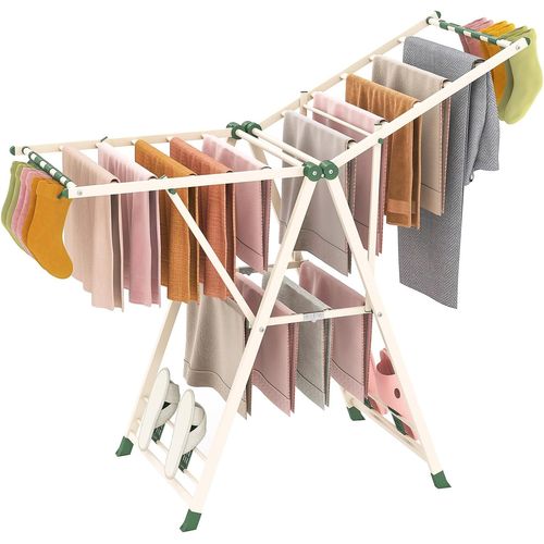 Etendoir Linge Pliable 16 Barres, Cadre En Acier, Hauteur Réglable (beige,141 Cm)