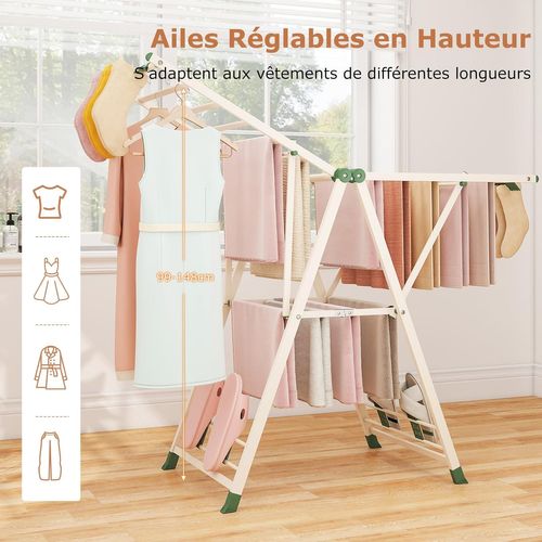 Etendoir Linge Pliable 16 Barres, Cadre En Acier, Hauteur Réglable (beige,141 Cm)