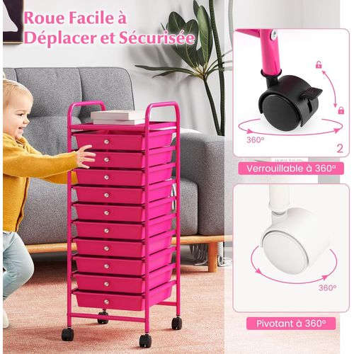 Chariot De Rangement à Roulettes Avec 10 Tiroirs Plastiques Amovibles, 33x37x86cm (rose Bonbon)