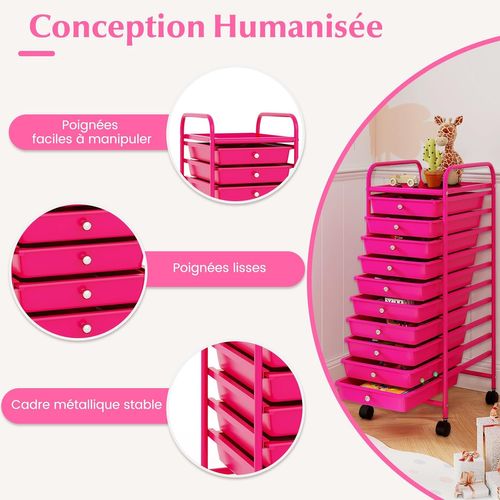 Chariot De Rangement à Roulettes Avec 10 Tiroirs Plastiques Amovibles, 33x37x86cm (rose Bonbon)