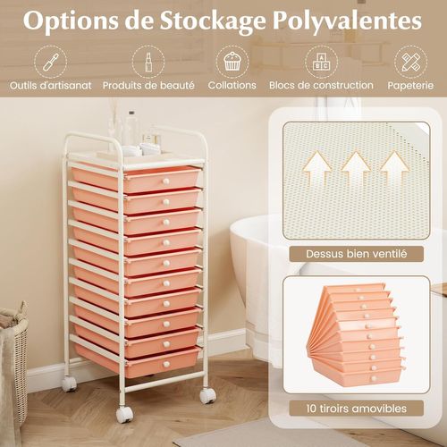 Chariot De Rangement à Roulettes Avec 10 Tiroirs Plastiques Amovibles, 33x37x86cm (rose Pêche)