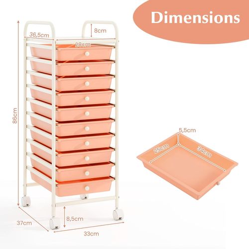 Chariot De Rangement à Roulettes Avec 10 Tiroirs Plastiques Amovibles, 33x37x86cm (rose Pêche)