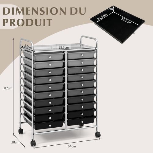 Chariot De Rangement à Roulette 20 Tiroirs En Pp Avec Tablette, Cadre En Métal (noir Dégradé)