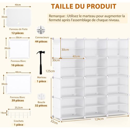 Meuble à Chaussure Pour 48 Paires, Crochet De Suspension Latéral, 124 × 32 × 125 Cm ,blanc