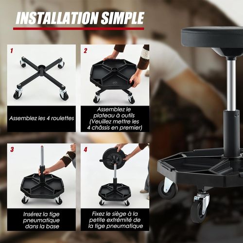 Tabouret D'atelier Pneumatique 4 Roulettes Universelles, Plateau à Outils Pour Garage