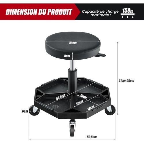 Tabouret D'atelier Pneumatique 4 Roulettes Universelles, Plateau à Outils Pour Garage