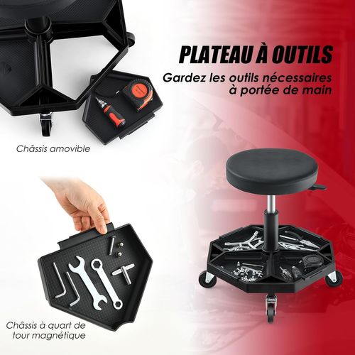 Tabouret D'atelier Pneumatique 4 Roulettes Universelles, Plateau à Outils Pour Garage