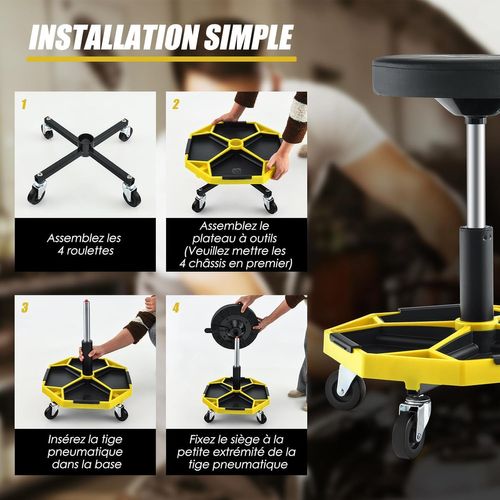 Tabouret D'atelier Pneumatique 4 Roulettes Universelles, Hauteur 41 à 55 Cm (jaune)