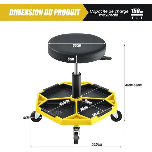 Tabouret D'atelier Pneumatique 4 Roulettes Universelles, Hauteur 41 à 55 Cm (jaune)