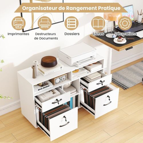 Caisson Bureau Avec à Roulette, Tiroirs Verrouillables, Barre De Suspension Réglables (blanc)