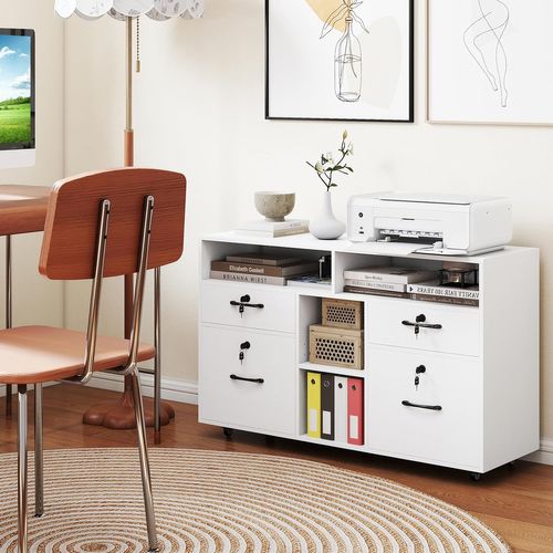 Caisson Bureau Avec à Roulette, Tiroirs Verrouillables, Barre De Suspension Réglables (blanc)