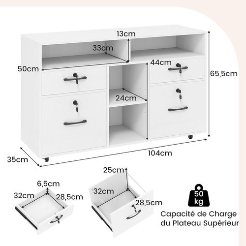 Caisson Bureau Avec à Roulette, Tiroirs Verrouillables, Barre De Suspension Réglables (blanc)
