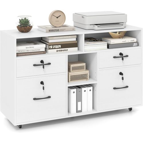 Caisson Bureau Avec à Roulette, Tiroirs Verrouillables, Barre De Suspension Réglables (blanc)