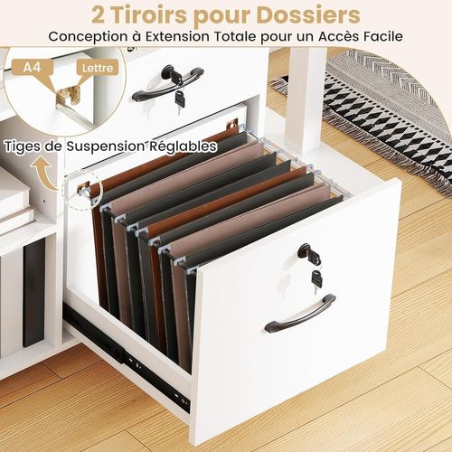 Caisson Bureau Avec à Roulette, Tiroirs Verrouillables, Barre De Suspension Réglables (blanc)