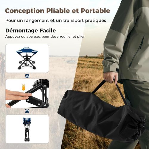 Tabouret Pliant Camping, Chaise De Camping Pivotante à 360°,  Anti-enfoncement (bleu Marine)
