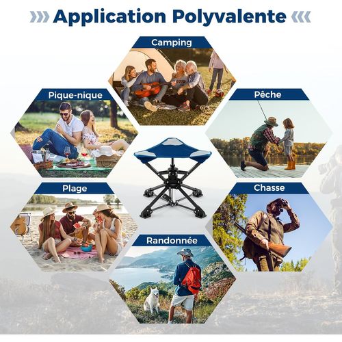 Tabouret Pliant Camping, Chaise De Camping Pivotante à 360°,  Anti-enfoncement (bleu Marine)