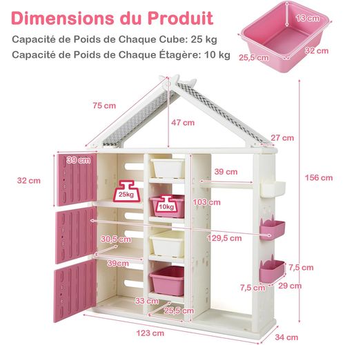 Armoire à Vêtements Enfant En Hdpe Avec Tige De Suspension et Étagères et Cubes et Bacs (rose)